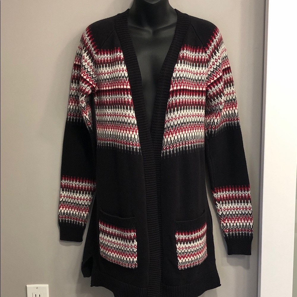 Ricki’s Fair Isle Open-Front Cardigan — Women’s XS – Black, White, Red & Grey